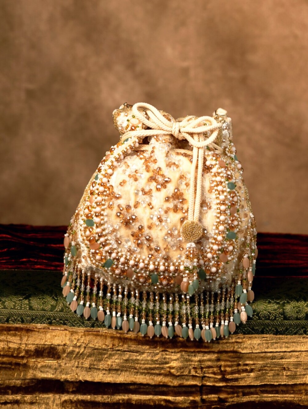 Embellished Pearl Drawstring Evening Bag - Cream